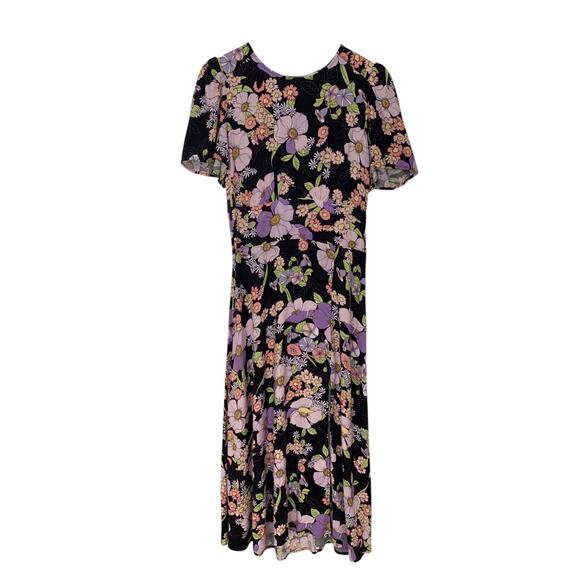 AFRM Jamie Dress Large Floral Print Open Back Short Sleeve Front Slit Midi - Picture 2 of 5